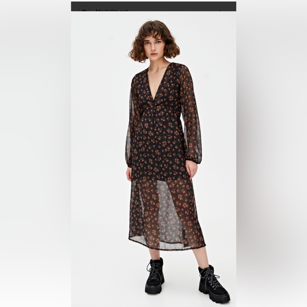 Pull&Bear Black Floral Midi Dress